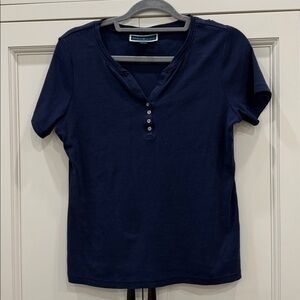 Karen Scott Henley Short Sleeve T-Shirt Size Petite Medium Navy Blue